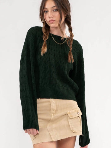 Zaylee Crew Neck Cable Knit Sweater - Hunter Green