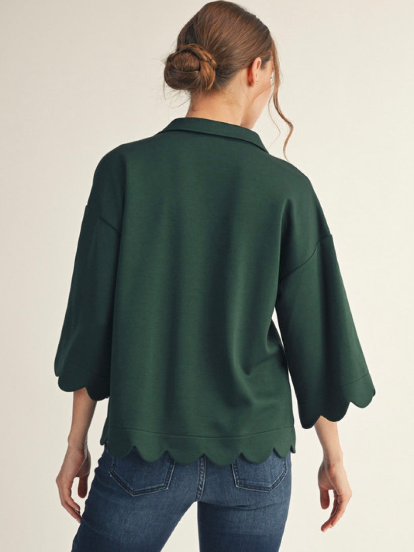 Jodifl 3/4 Sleeves V Neck Top With Scallop Edge Detail - Hunter Green
