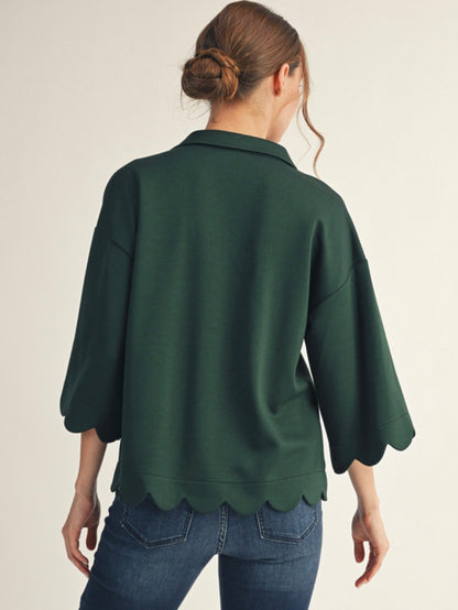 Jodifl 3/4 Sleeves V Neck Top With Scallop Edge Detail - Hunter Green