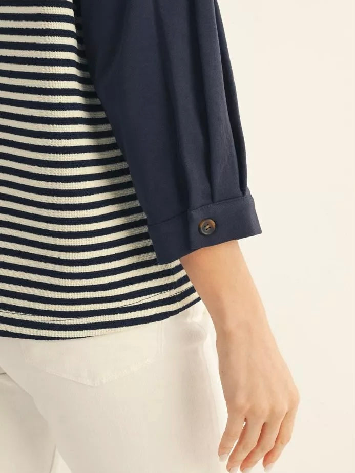 Jodifl 3/4 Sleeve Stripe Casual Top with Drop Shoulder & Pleat Detail – Navy