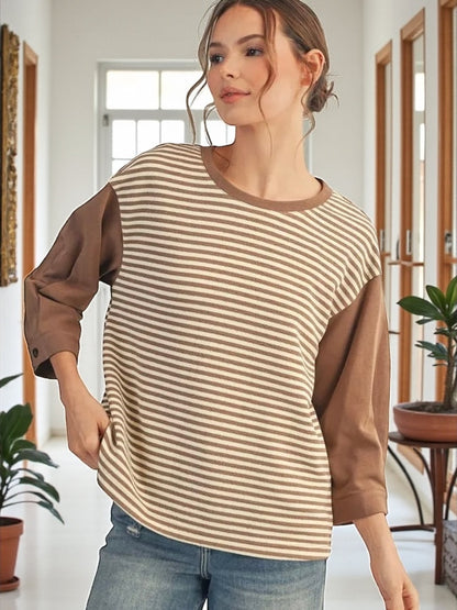 Jodifl 3/4 Sleeve Stripe Casual Top with Drop Shoulder & Pleat Detail – Taupe