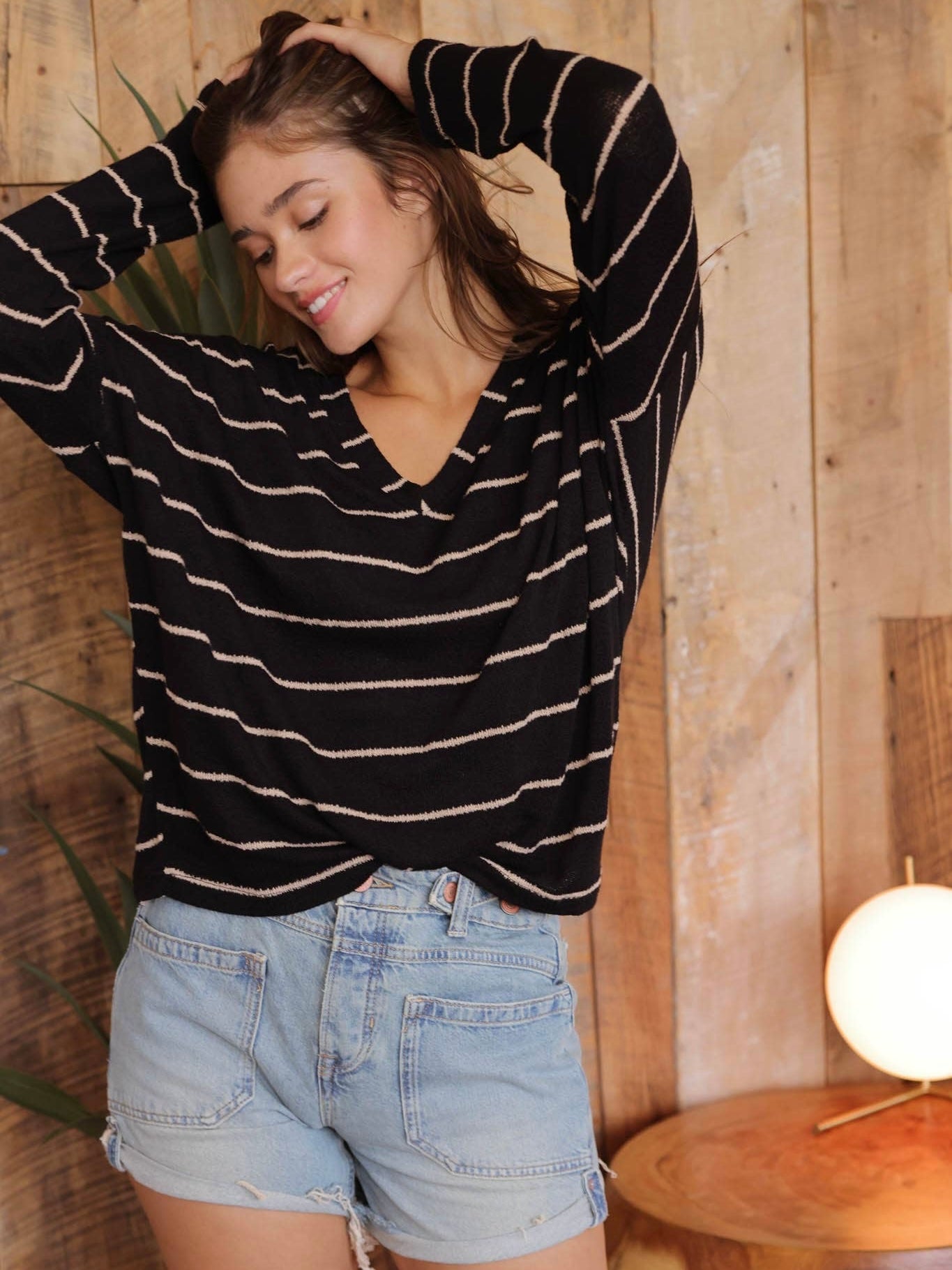 Blu Pepper Stripe V Neck Knit Top - Black