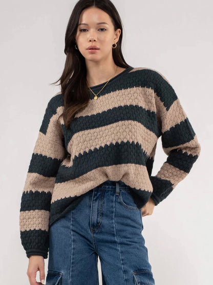 Bria Striped Crew Knit Sweater - Hunter Green