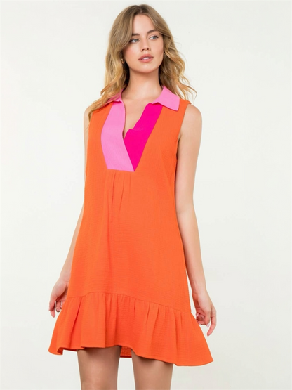 THML Sleeveless Collared V-Neck Ruffle Dress – Orange