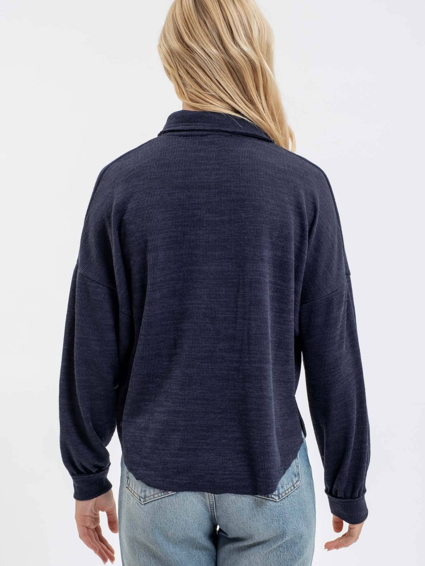 Blu Pepper Collared Raw Edge Knit Top - Navy