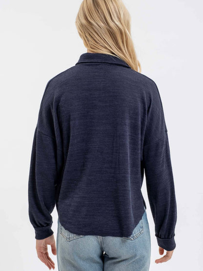 Blu Pepper Collared Raw Edge Knit Top - Navy
