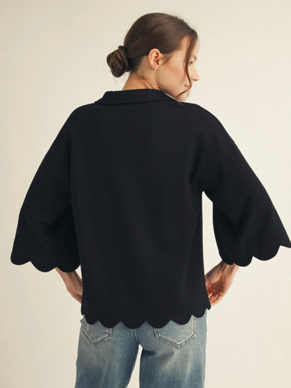 Jodifl 3/4 Sleeves V Neck Top With Scallop Edge Detail - Black