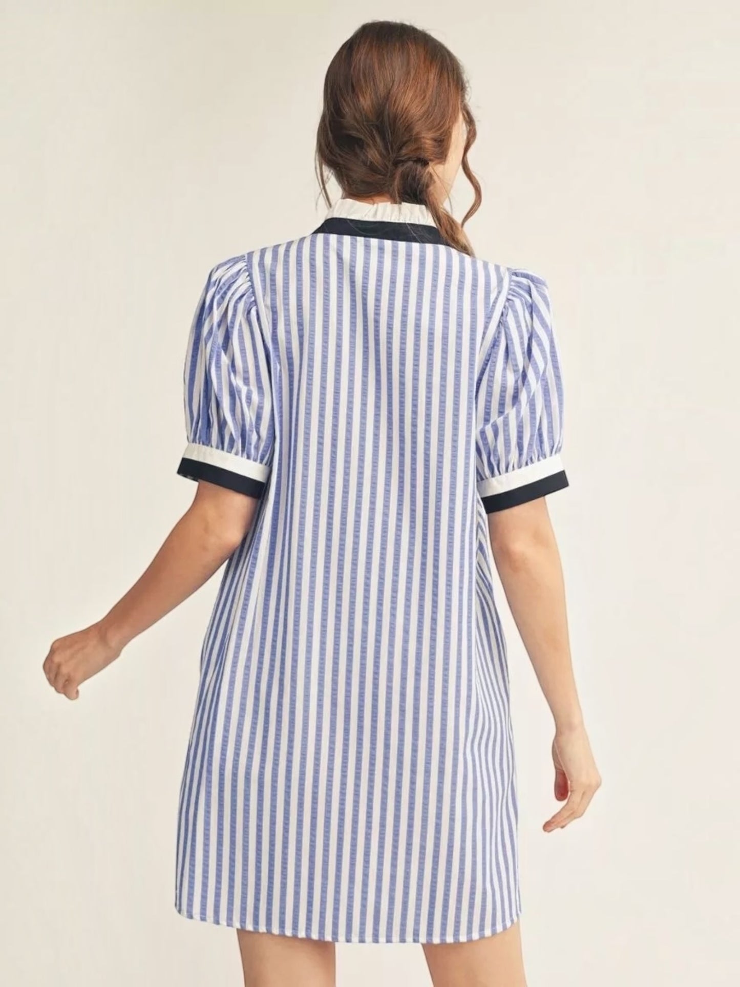 Jodifl Stripe Button Front Shift Dress with Black Contrast Trim – Blue