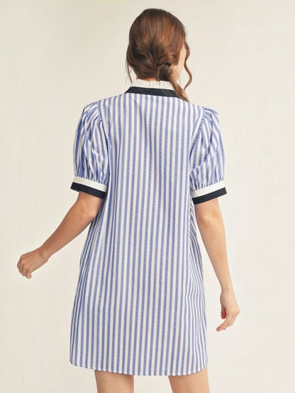 Jodifl Stripe Button Front Shift Dress with Black Contrast Trim – Blue