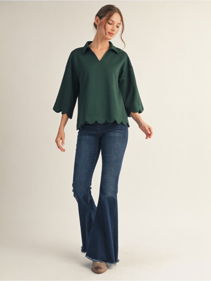 Jodifl 3/4 Sleeves V Neck Top With Scallop Edge Detail - Hunter Green