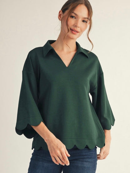 Jodifl 3/4 Sleeves V Neck Top With Scallop Edge Detail - Hunter Green