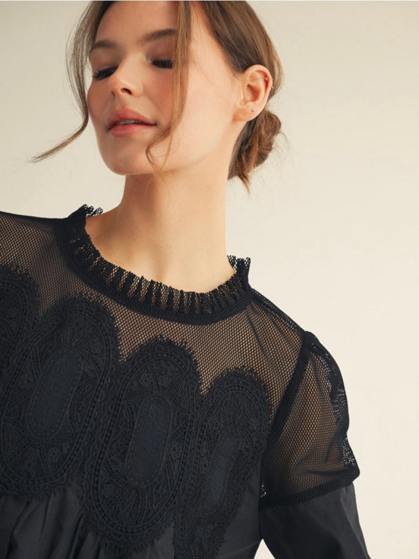 Jodifl 3/4 Sleeves Top With Contrast Crochet Accent - Black