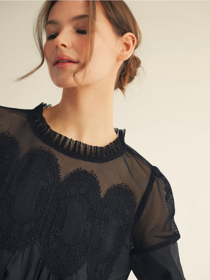Jodifl 3/4 Sleeves Top With Contrast Crochet Accent - Black