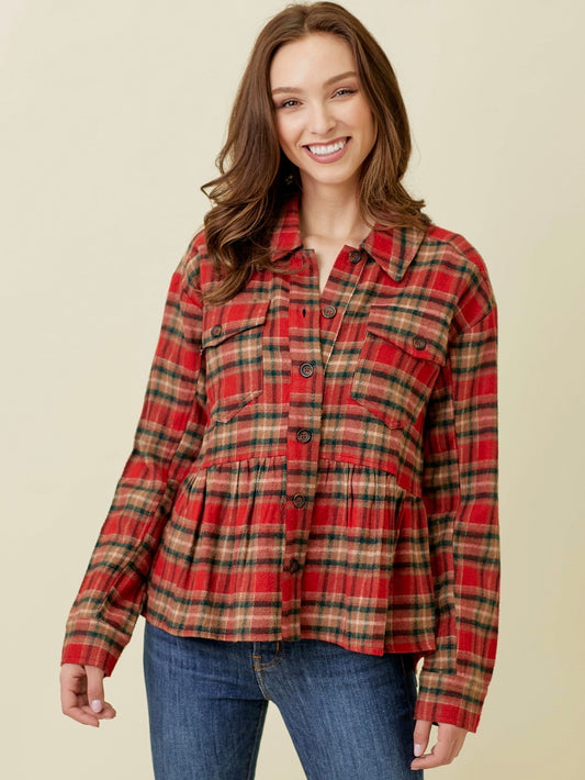 Anika Peplum Plaid Jacket - Red