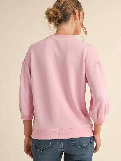 Jodifl Solid Sweatshirt Top With U-neck 3/4 Sleeves - Pink