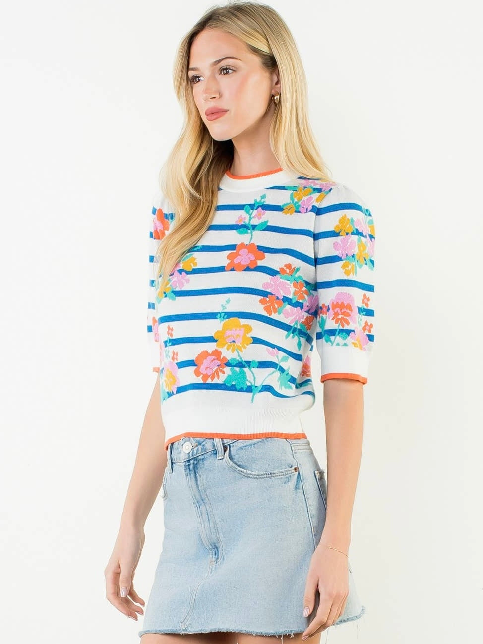 THML Short Sleeve Floral Knit Top - White