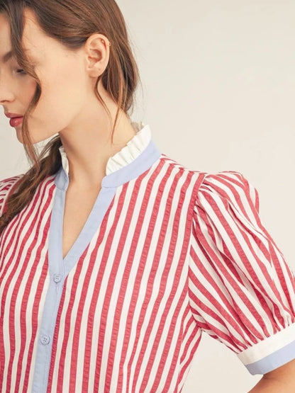 Jodifl Stripe Button Front Shift Dress with Blue Contrast Trim – Red