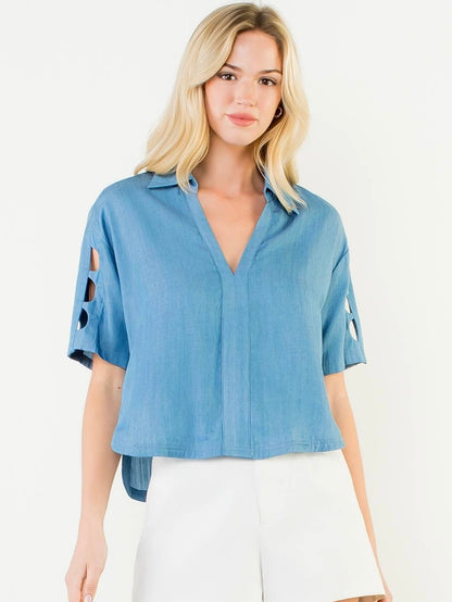 THML Short Sleeve Cutout Denim Top – Blue