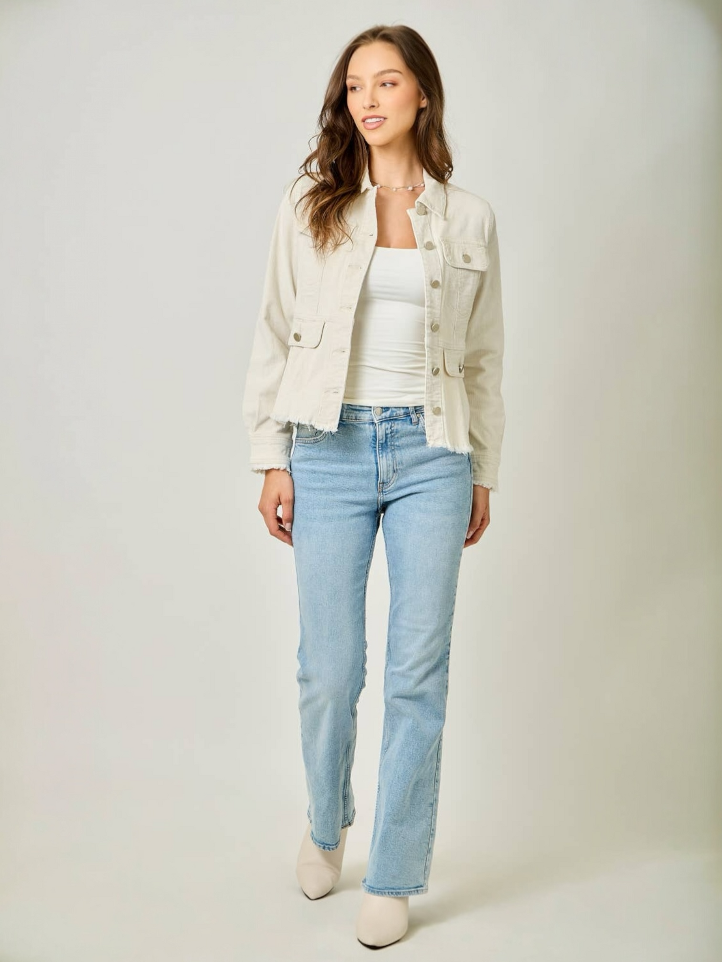 Mystree Washed Corduroy Peplum Jacket - Vintage Ivory