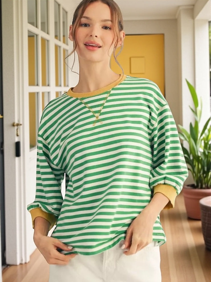 Jodifl Mineral Washed Stripe Top – 3/4 Sleeve V-Notch Neckline – Kelly Green