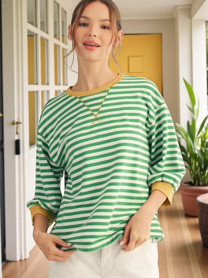 Jodifl Mineral Washed Stripe Top – 3/4 Sleeve V-Notch Neckline – Kelly Green