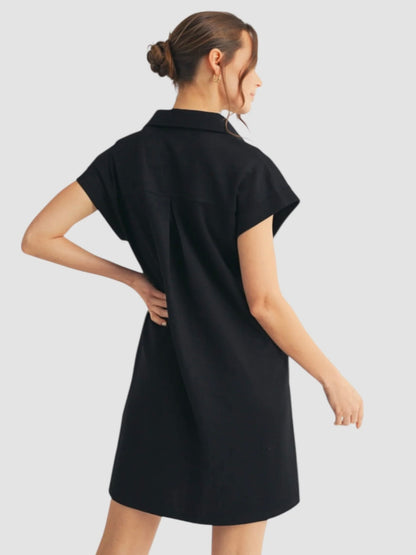 Jodifl Solid Dress With Open Collared Neck and Short Sleeves - Black