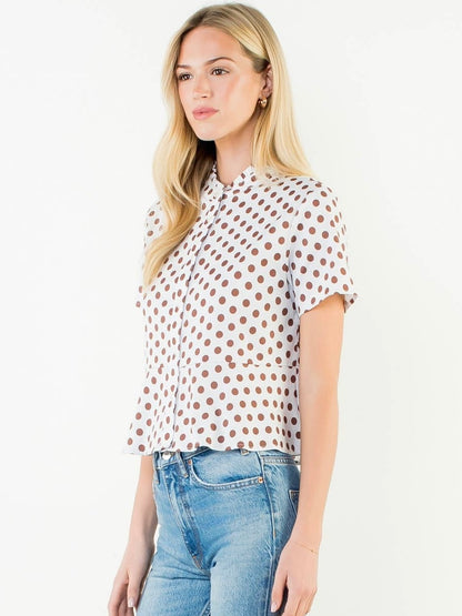 THML Short Sleeve Polka Dot Button Down Top – White