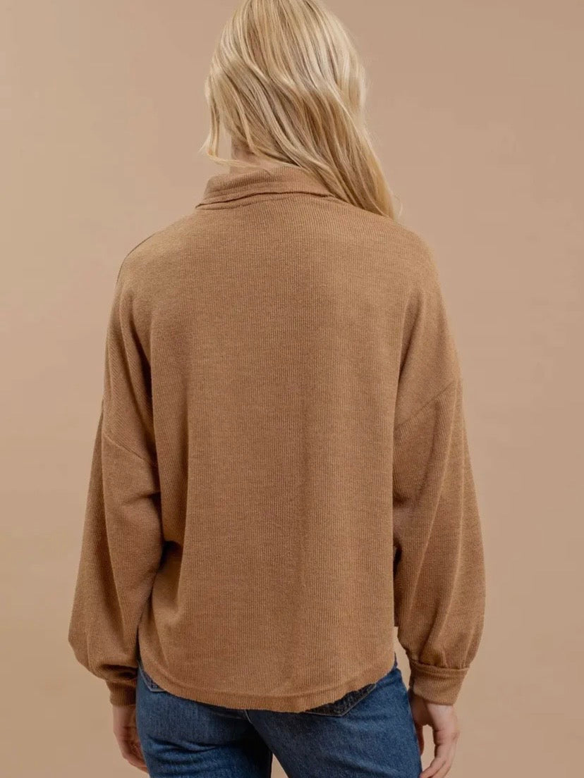 Blu Pepper Collared Raw Edge Knit Top - Almond