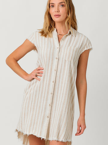 Adele Frayed Linen Shirt Dress - Sand Stripe