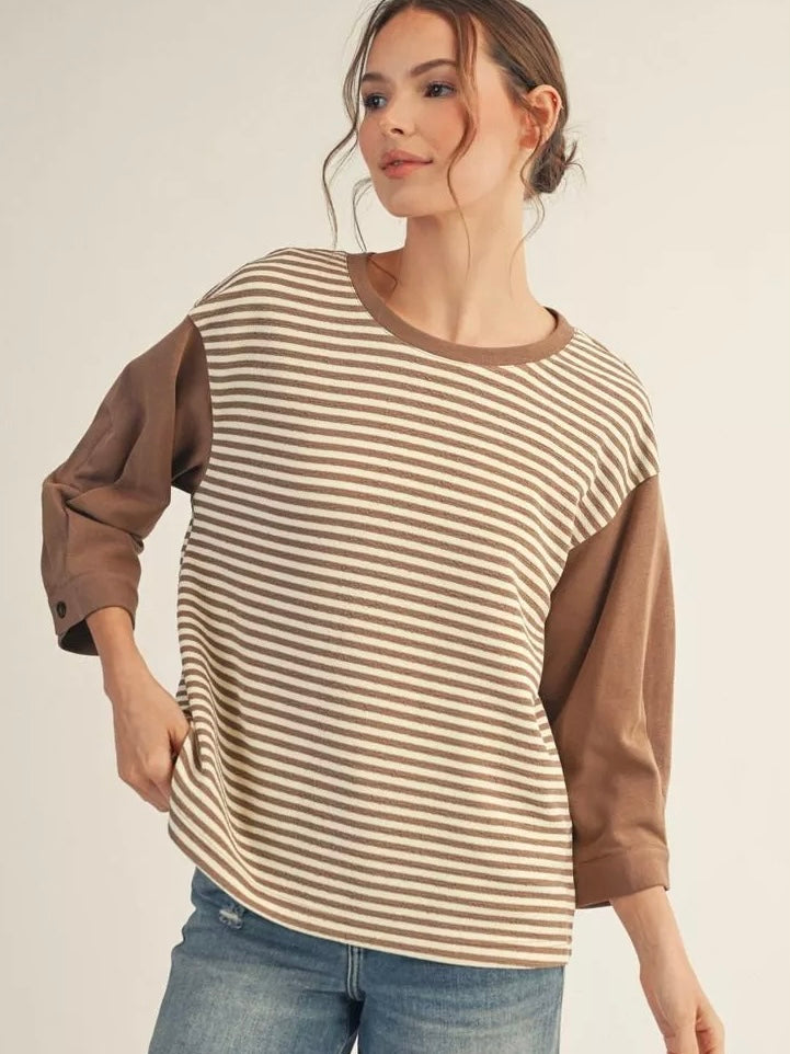 Jodifl 3/4 Sleeve Stripe Casual Top with Drop Shoulder & Pleat Detail – Taupe