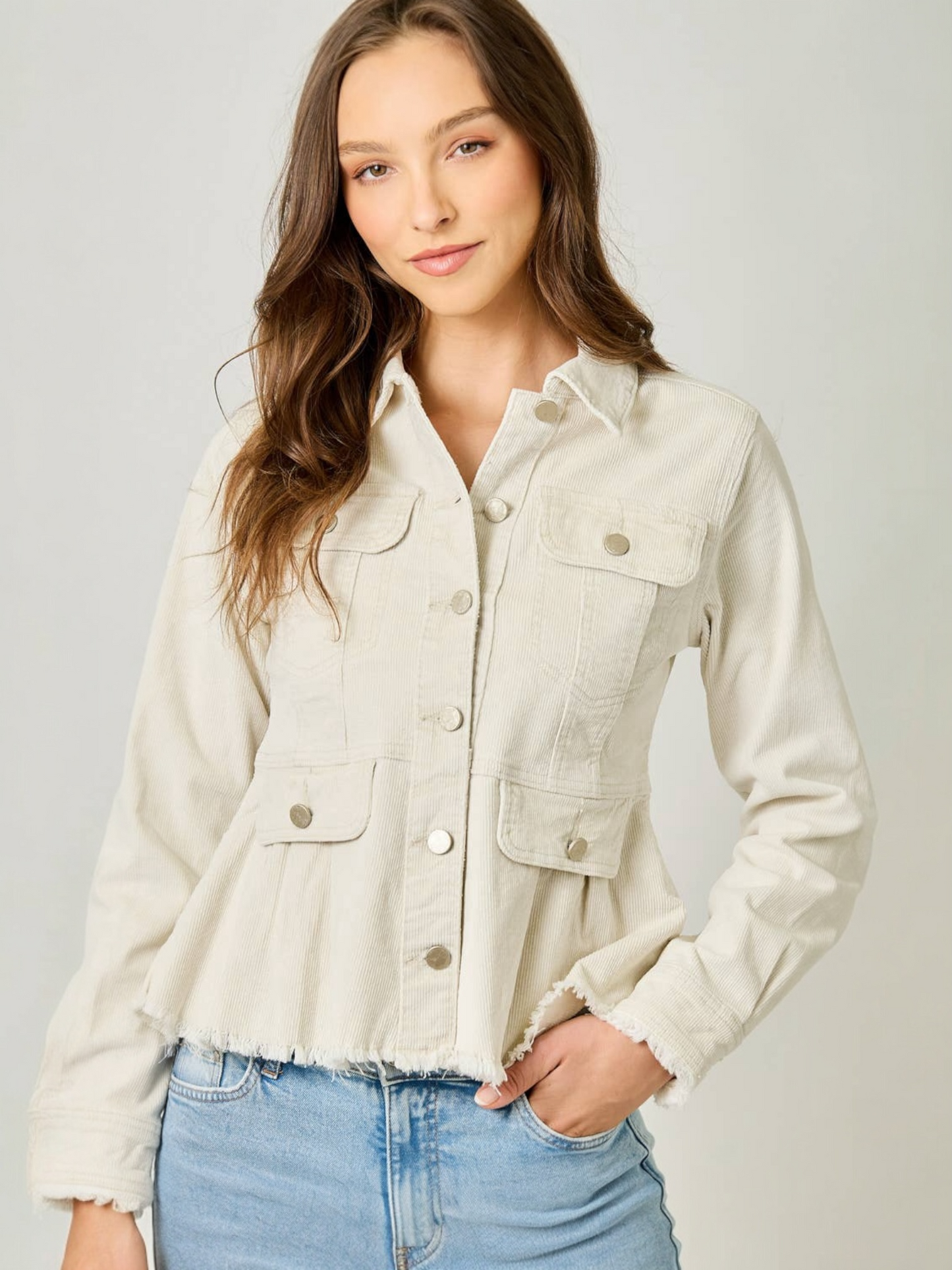 Mystree Washed Corduroy Peplum Jacket - Vintage Ivory