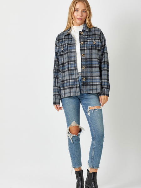 Angie Plaid Button Down Shacket - Grey