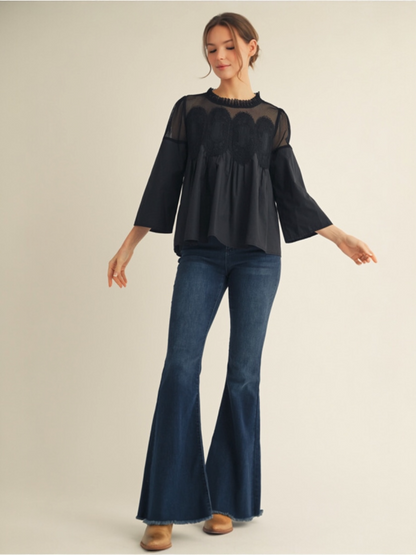Jodifl 3/4 Sleeves Top With Contrast Crochet Accent - Black