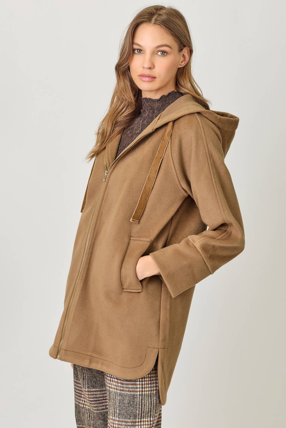 Mystree Hoodie Zip-Up Coat - Camel