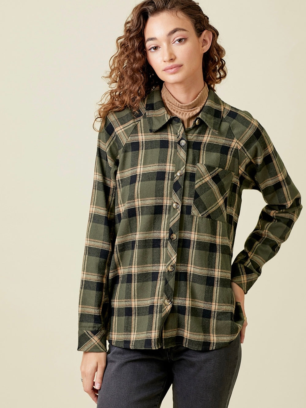 Tiffany Plaid Raglan Top - Olive