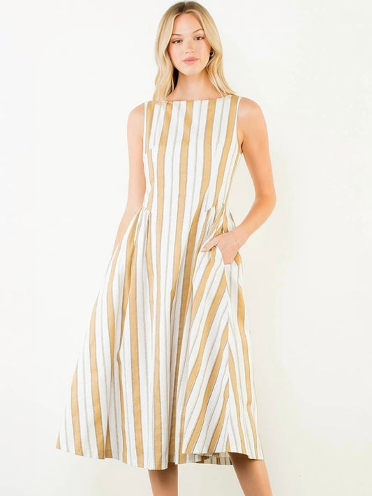 THML Sleeveless Striped Midi Dress – Mustard