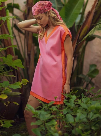 Jodifl Contrast Accent V-Neck Dress – Pink/Orange