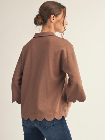 Jodifl 3/4 Sleeves V Neck Top With Scallop Edge Detail - Mocha Mousse