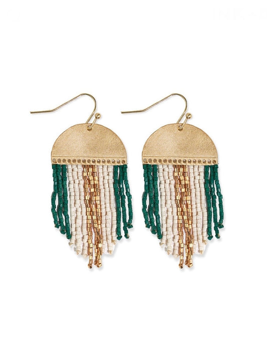 Claudia 3 Color Stripe Short Beaded Fringe Earrings Emerald