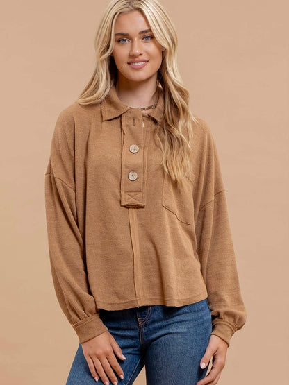 Blu Pepper Collared Raw Edge Knit Top - Almond