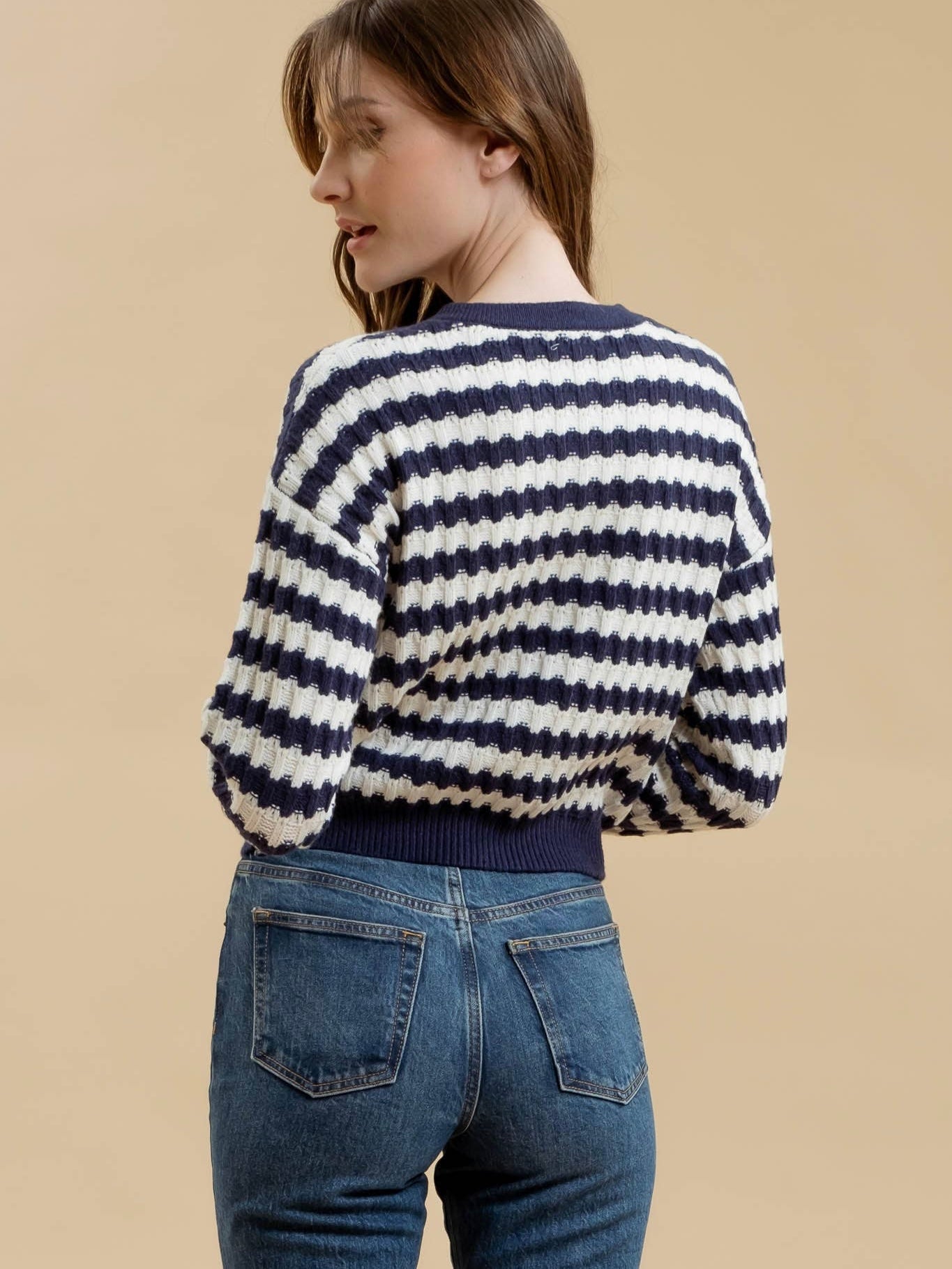 Blu Pepper Stripe Crew Neck Knit Cardigan - Navy