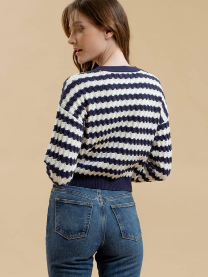 Blu Pepper Stripe Crew Neck Knit Cardigan - Navy