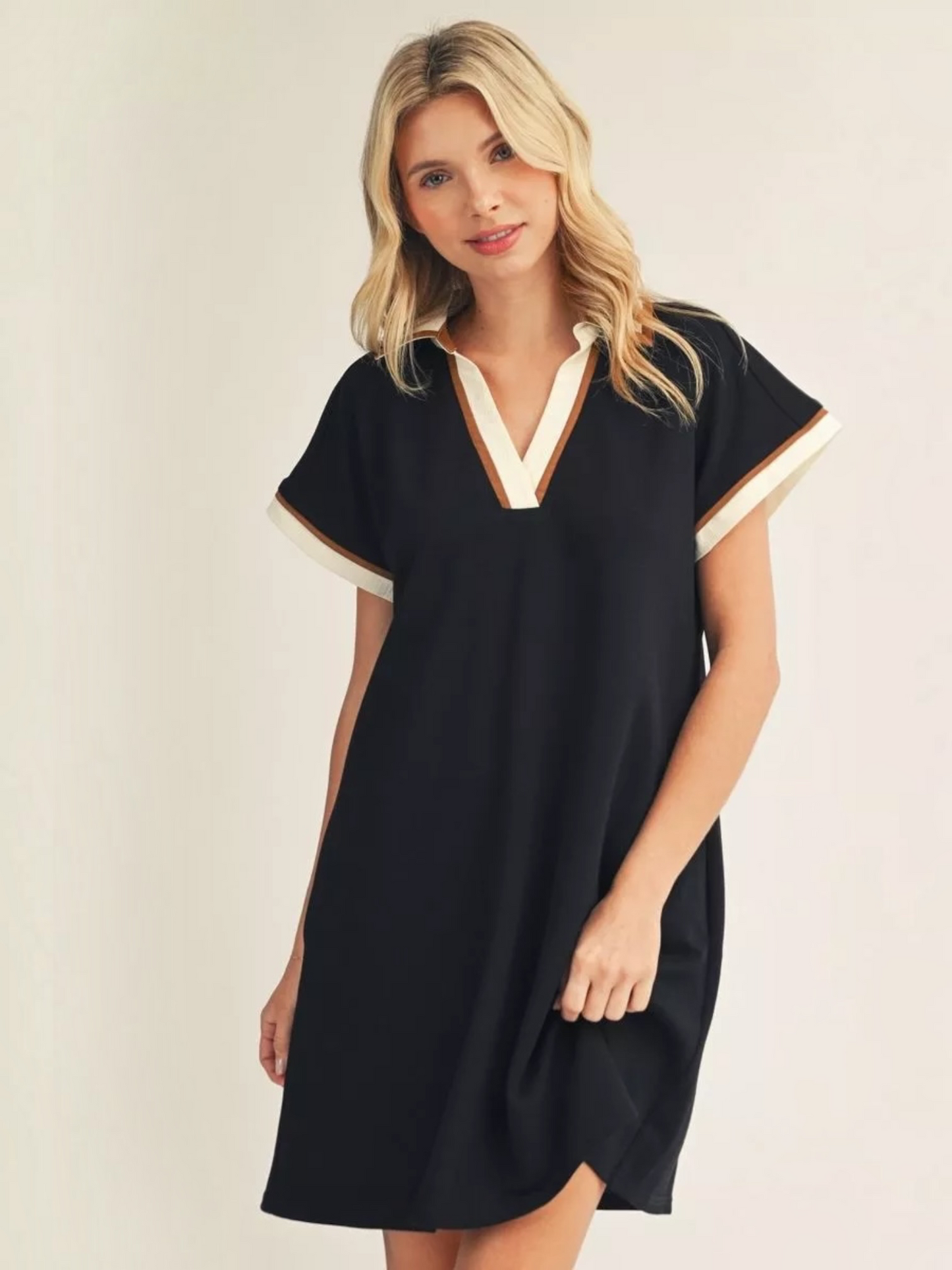 Jodifl Drop Shoulder Contrast Accent Casual Dress – Black Mix
