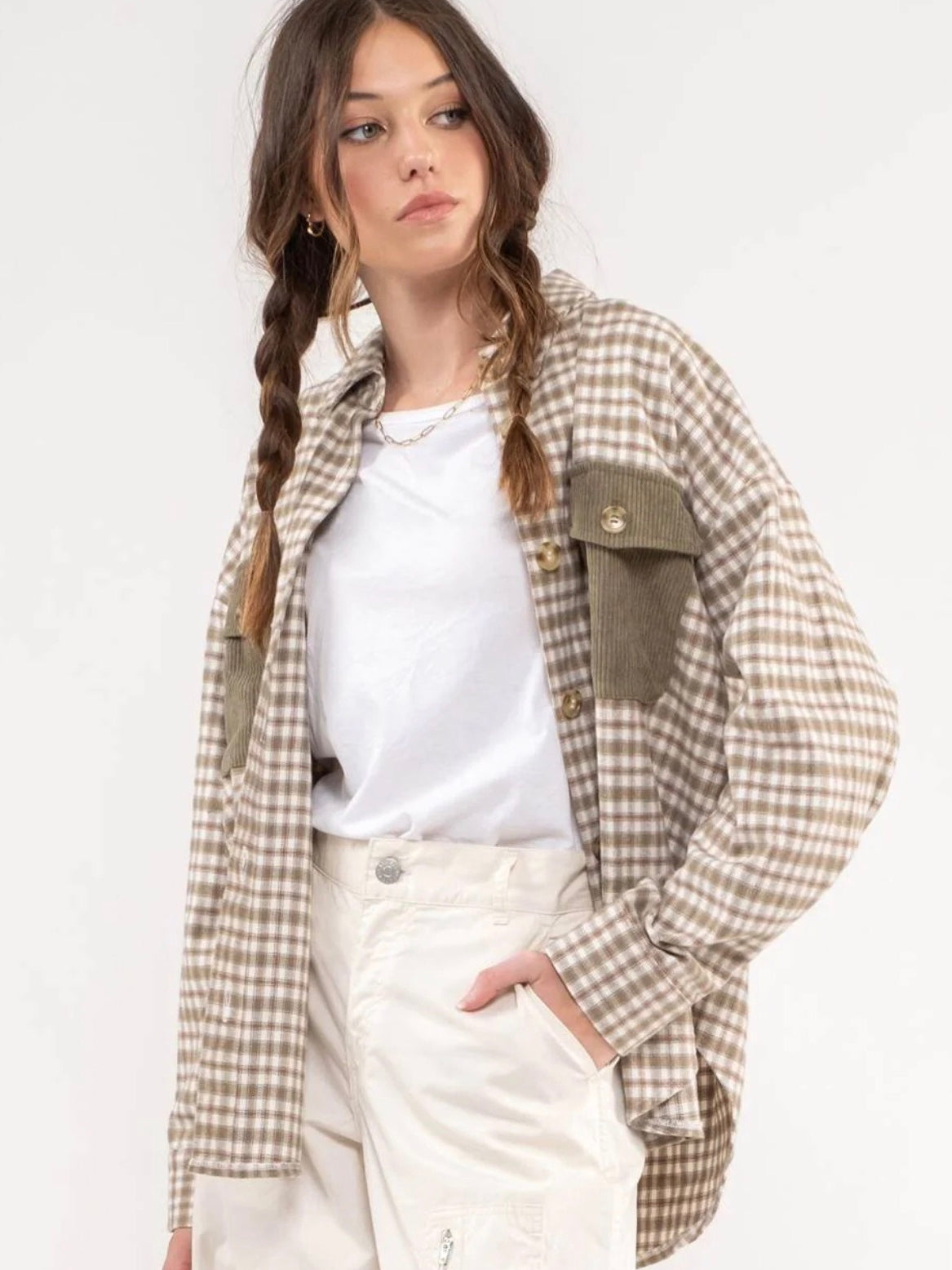 Kori Relaxed Contrast Plaid Shacket - Olive Multi