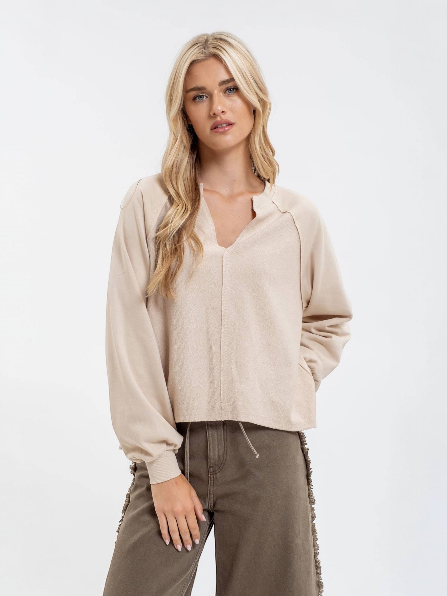 Blu Pepper Exposed Seam Relaxed Long Sleeve Knit Top - Khaki