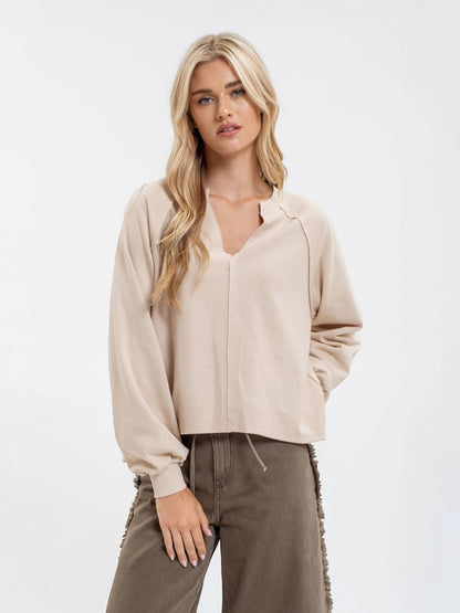 Blu Pepper Exposed Seam Relaxed Long Sleeve Knit Top - Khaki