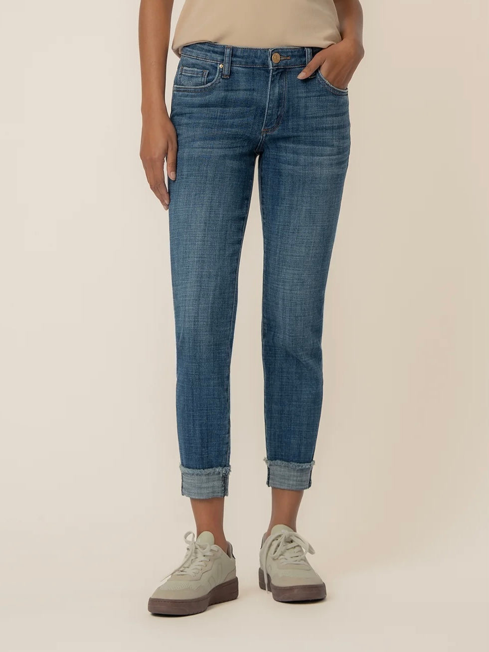 Kut from the Kloth Amy Cropped Straight Leg Jeans with Frayed Roll-Up Hem – Deserving Darkstone Base Wash