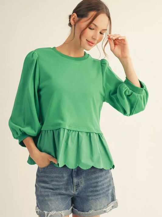 Jodifl Peplum Puff Sleeve Scallop Hem Top – Green