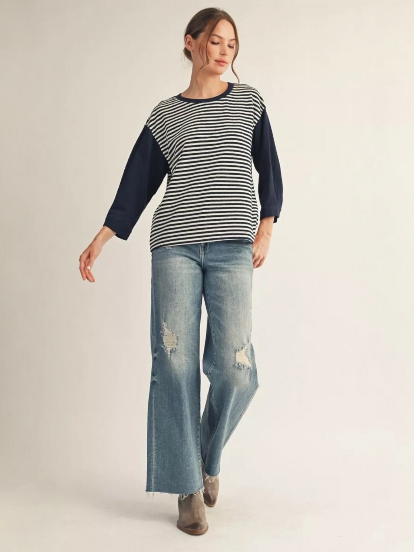 Jodifl 3/4 Sleeve Stripe Casual Top with Drop Shoulder & Pleat Detail – Navy