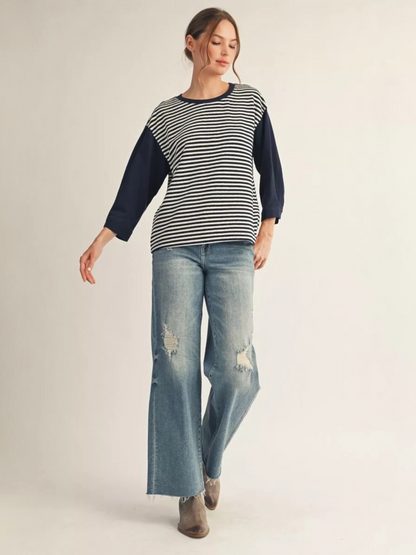 Jodifl 3/4 Sleeve Stripe Casual Top with Drop Shoulder & Pleat Detail – Navy